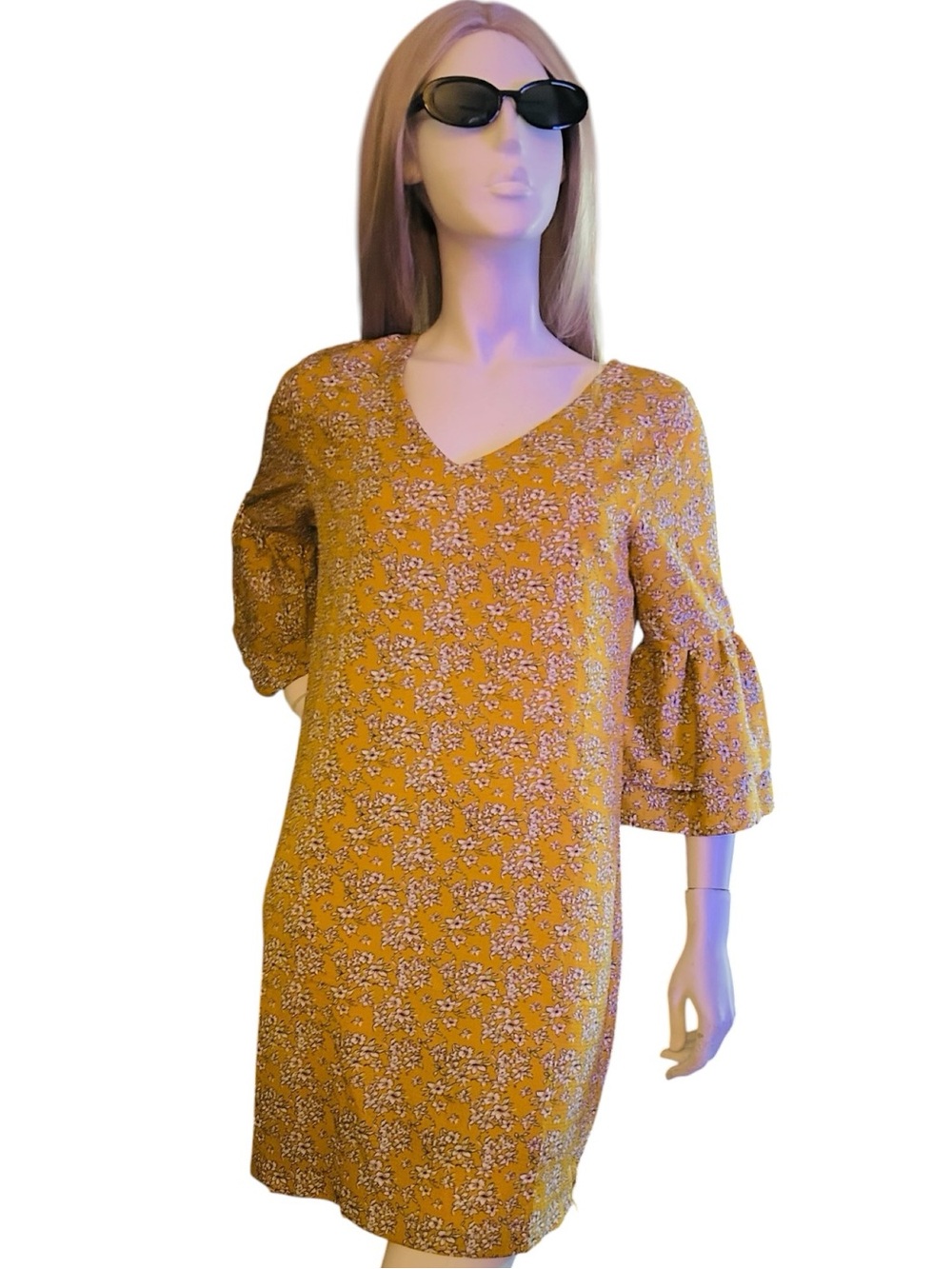 Belongsci Yellow Vneck Bell Sleeves Dress Size M Boho Cottagecore Floral Prairie